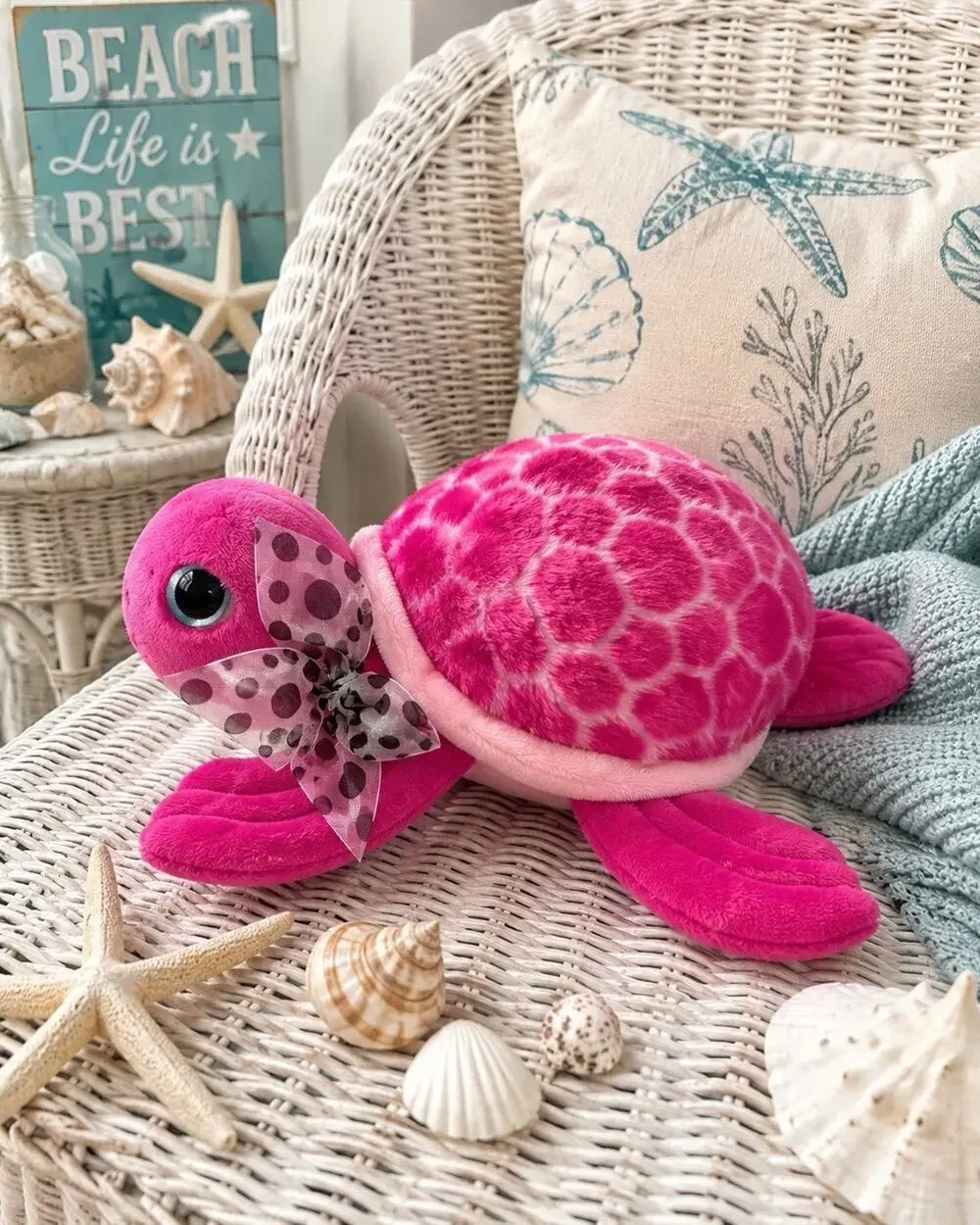 Vintage 1994 The Petting Zoo Pink Sea Turtle Plush w/ Polka Dot Bow 12”